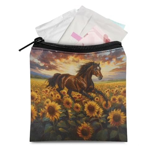 TOADDMOS Sunflower Horse Damenbinden-Aufbewahrungstasche, tragbare Menstruationspad-Tasche mit Reißverschluss, Serviettenbeutel für Damen, Mädchen, Teenager, Geschenk von TOADDMOS