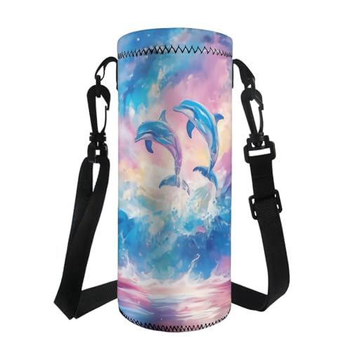 TOADDMOS Tragetasche für Wasserflaschen, 750 ml, 1000 ml, Hundepfoten-Herz, Kordelzug, Neopren, Wasserflaschenhülle für Männer und Frauen, Regenbogen-Delfine, Taschen-Organizer von TOADDMOS