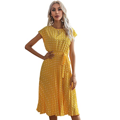 TOBILE Kleid Chiffon Damen Strand Sommerkleid Kurzarm Polka Dot Print Vestido A-Linie Blumen Elegant Hohe Taille Falten Casual Midi Kleider - Gelb, XL TOBILE Kleid Chiffon Damen Strand Sommerkleid Kurzarm Polka Dot Print Vestido A-Linie Blumen Elegant Hohe Taille Falten Casual Midi Kleider - Gelb, XL von TOBILE