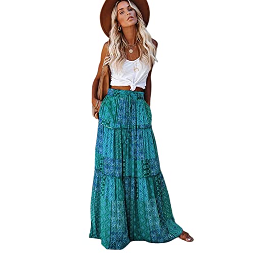 TOBILE Rock Damen Hohe Taille Langdruck Gedruckte A-Linie-Rock Blumenrock Frauen Lässig Beach Boho Elastic Taille Holiday Maxiröcke-Turquoise,l von TOBILE