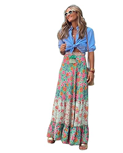 TOBILE Rock Damen Sommer Langer Patchwork-Druck A-line Blumenrock Frauen Lässig Strand Weiblich Boho Elastic Taille Holiday Maxiröcke-Army Green,l von TOBILE