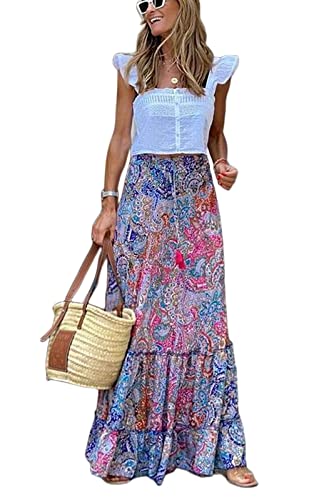 TOBILE Rock Damen Sommer Langer Patchwork-Druck A-line Blumenrock Frauen Lässig Strand Weiblich Boho Elastic Taille Holiday Maxiröcke-Blue,l TOBILE Rock Damen Sommer Langer Patchwork-Druck A-line Blumenrock Frauen Lässig Strand Weiblich Boho Elastic Taille Holiday Maxiröcke-Blue,l von TOBILE