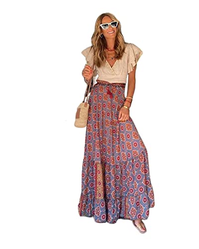 TOBILE Rock Damen Sommer Langer Patchwork-Druck A-line Blumenrock Frauen Lässig Strand Weiblich Boho Elastic Taille Holiday Maxiröcke-Light Brown,XL von TOBILE