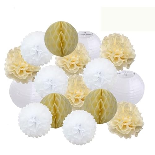 Set Papier Laternen, Runde Papier Laterne Weiße Babytaufe DIY Marineblau Tissue Pompom Hochzeit Valentinstag Dekoration(Beige Set,12 Zoll) von TODHASBOP