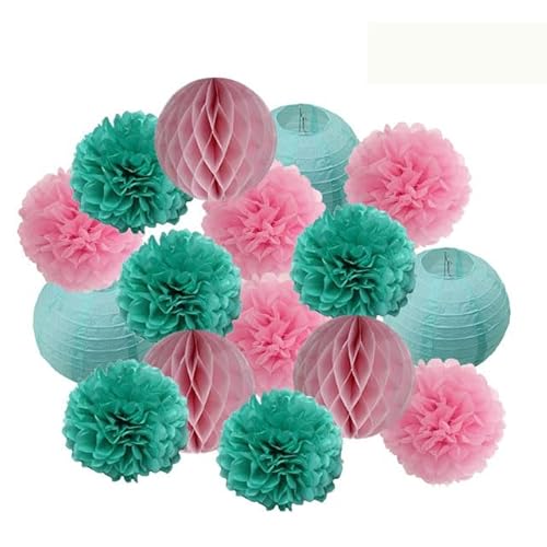 Set Papier Laternen, Runde Papier Laterne Weiße Babytaufe DIY Marineblau Tissue Pompom Hochzeit Valentinstag Dekoration(Pink Mint Set,8inch) von TODHASBOP