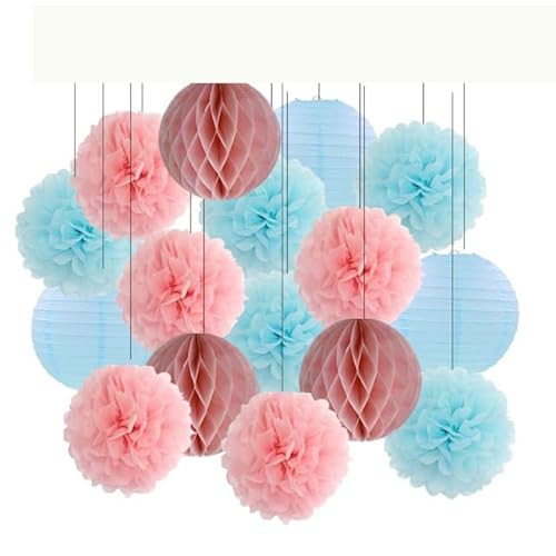 Set Papier Laternen, Runde Papierlaterne Weiße Babytaufe DIY Marineblau Tissue Pompom Hochzeit Valentinstag Dekoration(Pink Blue Set,8inch) von TODHASBOP