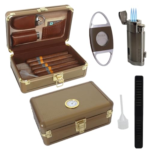 TOIKA Eleganter Zigarrenanzünder und Cutter Zigarren Humidor Box, Reise Zigarrenetui mit Zigarren Zubehör Set, Premium Zigarren Kits Geschenk für Männer, Halten Sie 5 Zigarren (Gold) von TOIKA