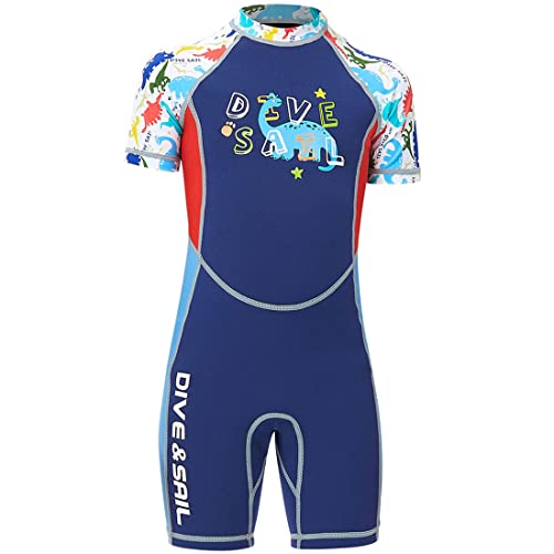 Kinder Neoprenanzug Mädchen Jungen Kurzarm Wäremehaltung UV-Schutz 2.5mm Neopren Tauchanzug Einteiliger kurzärmelig Badeanzug Reißverschluss warm Wetsuit Wassersport Blau Dinosaurier L von TOKYMOON