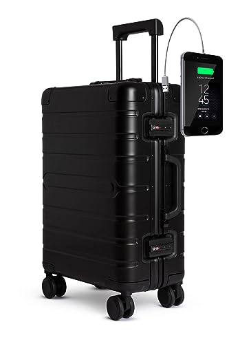 TOKYOTO Aluminium Trolley Handgepäck-Koffer Kabinentrolley mit 4 Rollen 55x35x20 / Hartschalenkoffer, Suitcase, Reisekoffer klein für Unterwegs/TSA-Schloss & USB-Anschluss Black Logo von TOKYOTO