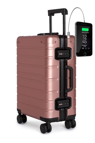 TOKYOTO Aluminium Trolley Handgepäck-Koffer Kabinentrolley mit 4 Rollen 55x35x20 / Hartschalenkoffer, Suitcase, Reisekoffer klein für Unterwegs/TSA-Schloss & USB-Anschluss Salmon Logo von TOKYOTO