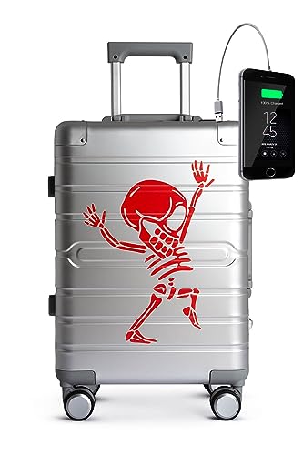 TOKYOTO Aluminium Trolley Handgepäck-Koffer mit 4 Rollen 55x35x20 / Hartschalenkoffer, Suitcase, Reisekoffer klein für Unterwegs/TSA-Schloss & USB-Anschluss Silver Skull von TOKYOTO
