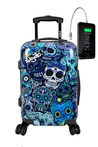 TOKYOTO Kinderkoffer Kinder-Trolley für Mädchen & Jungen 55x35x20 cm/Koffer Handgepäck Hartschalenkoffer, Reisekoffer klein, Reisetasche Kinder mit TSA-Schloss & USB-Anschluss Blue Skulls von TOKYOTO