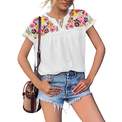 Blusen & Tuniken Für Damen,Damenbluse Sommer Azteken Ethno Blumenstickerei Quaste Schnürpullover Hemden Tops Vintage Spleißen Kurze Ärmel Tunika Tops Boho Strand T-Shirts Für Damen Mädchen,Weiß,M Blusen & Tuniken Für Damen,Damenbluse Sommer Azteken Ethno Blumenstickerei Quaste Schnürpullover Hemden Tops Vintage Spleißen Kurze Ärmel Tunika Tops Boho Strand T-Shirts Für Damen Mädchen,Weiß,M von TOMPPY