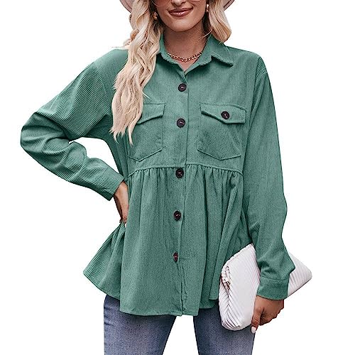 Damen Bluse Elegant, Damen-Bluse Aus Cord Vintage-Stil Solides Babydoll V-Ausschnitt Button-Down-Hemden Oberteile Lässige Lockere Langarmblusen Herbst-Winter Spleiß-Tunika-Oberteile Mäntel Mit Ta von TOMPPY