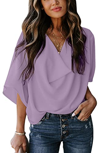 Damen Bluse Elegant, Damen-Chiffonbluse Sommer Elegant Solide Wasserfallausschnitt Hemden Tops Stilvolle Pullover Mit Fledermausärmeln Tunika-Oberteile Lässige Lockere Arbeitsblusen T-Shirts Für von TOMPPY