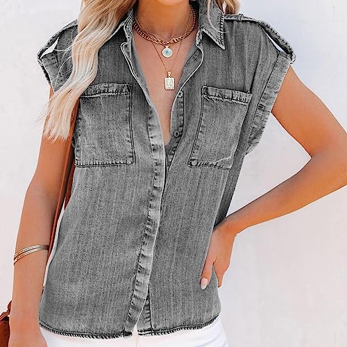 Damen Oberteile,Damen-Jeansbluse Sommer Vintage-Waschung Verblasst V-Ausschnitt Hemden Oberteile Lässig Locker Ärmellos Button-Down-Blusen Tunika-Oberteile Distressed Chambray Jean Western-Hemden Damen Oberteile,Damen-Jeansbluse Sommer Vintage-Waschung Verblasst V-Ausschnitt Hemden Oberteile Lässig Locker Ärmellos Button-Down-Blusen Tunika-Oberteile Distressed Chambray Jean Western-Hemden von TOMPPY