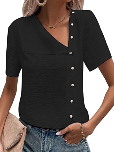 Hemdbluse Damen, Damen-Bluse Aus Baumwolle Und Leinen Sommer Modisch Einfarbig V-Ausschnitt Pullover Hemden Tops Elegante Kurzärmlige Seitliche Button-Down-Blusen Lässige Arbeitsblusen T-Shirts F von TOMPPY