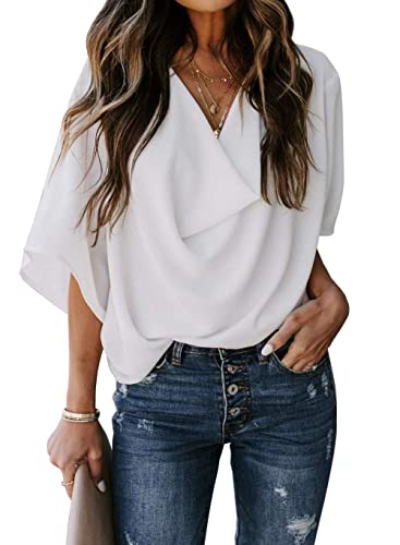 Hemdbluse Damen, Damen-Chiffonbluse Sommer Elegant Solide Wasserfallausschnitt Hemden Tops Stilvolle Pullover Mit Fledermausärmeln Tunika-Oberteile Lässige Lockere Arbeitsblusen T-Shirts Für Dame von TOMPPY