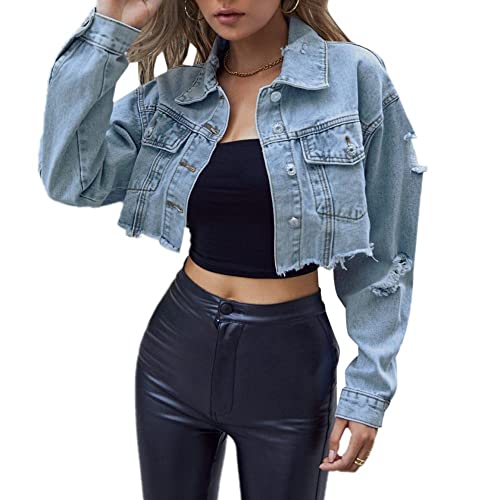 Jeansjacke Mädchen, Damen-Jeansjacke Modisches Revers Lange Ärmel Knopfleiste Crop-Jacke Boyfriend-Jeansmantel Vintage-Jeansmantel Im Used-Look Zerrissen Ausgefranst Frühling Übergang Lässige O von TOMPPY