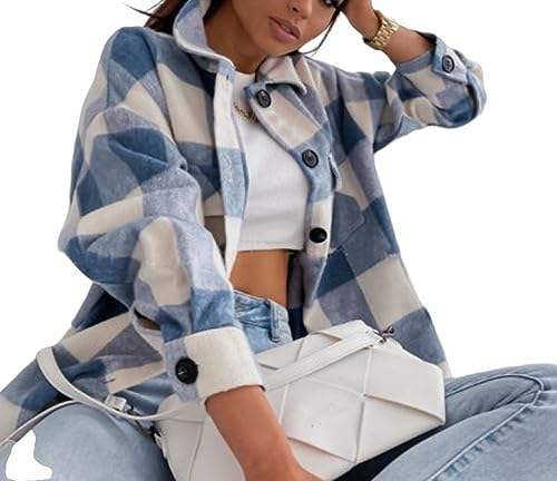 TOMPPY Damen Boyfriend-Shacket-Hemdjacke Aus Kariertem Flanell Übergroße Bluse Mit Langen Laternenärmeln Knopftaschen Hemdoberteile Karierter Mantel Wollmischung Herbst Frühling Winter Blau S TOMPPY Damen Boyfriend-Shacket-Hemdjacke Aus Kariertem Flanell Übergroße Bluse Mit Langen Laternenärmeln Knopftaschen Hemdoberteile Karierter Mantel Wollmischung Herbst Frühling Winter Blau S von TOMPPY