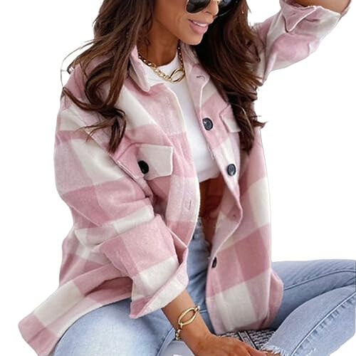TOMPPY Damen Boyfriend-Shacket-Hemdjacke Aus Kariertem Flanell Übergroße Bluse Mit Langen Laternenärmeln Knopftaschen Hemdoberteile Karierter Mantel Wollmischung Herbst Frühling Winter Pink XL TOMPPY Damen Boyfriend-Shacket-Hemdjacke Aus Kariertem Flanell Übergroße Bluse Mit Langen Laternenärmeln Knopftaschen Hemdoberteile Karierter Mantel Wollmischung Herbst Frühling Winter Pink XL von TOMPPY