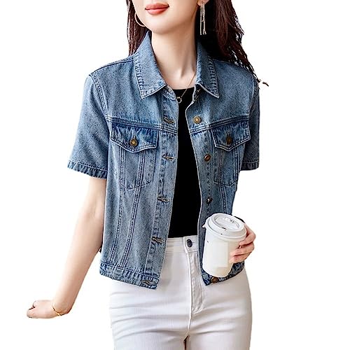 TOMPPY Jeansjacke, Damen-Jeansjacke Kurzärmelig Hellblau Verwaschen Verblasstes Revers Button-Down-Jeansmantel Sommer Vintage-Jeansjacke Im Used-Look Trucker-Jeansjacke Tops Für Damen Und Mädchen XL von TOMPPY