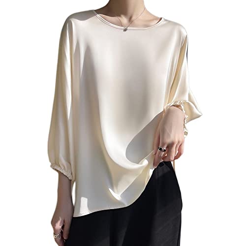 Tunika Damen Sommer,Damen-Bluse Aus Seidensatin Sommer Modisch Schlicht Rundhalspullover Hemden Oberteile Elegant Lockere 3/4-Laternenärmel Tunika-Oberteile Lässige Formelle Party-Arbeitsblusen T- Tunika Damen Sommer,Damen-Bluse Aus Seidensatin Sommer Modisch Schlicht Rundhalspullover Hemden Oberteile Elegant Lockere 3/4-Laternenärmel Tunika-Oberteile Lässige Formelle Party-Arbeitsblusen T- von TOMPPY