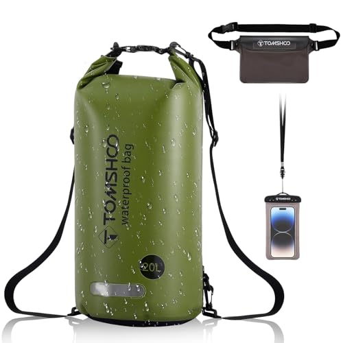TOMSHOO Dry Bag Set, 10L/20L Wasserdicht Rucksack mit Wasserfester Handytasche & Tasche, Verstellbarer Schultergurt, Waterproof Backpack für Kajak Fahren, Wandern, Camping, mehr, 20L, Grün von TOMSHOO
