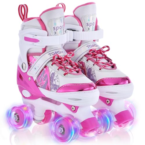TOMSHOO Rollschuhe Kinder, Roller Skates mit 4 Größen Verstellbar, LED Rädern, Mehrere Größenoptionen, für Weihnachts und Geburtstags Geschenke, Größe L, Rosa von TOMSHOO