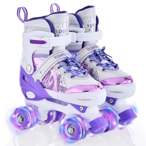 TOMSHOO Rollschuhe Kinder, Roller Skates mit 4 Größen Verstellbar, LED Rädern, Mehrere Größenoptionen, für Weihnachts und Geburtstags Geschenke, Größe L, Violett von TOMSHOO
