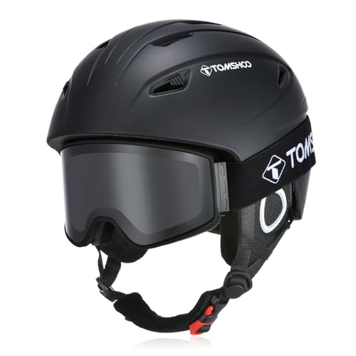 TOMSHOO Skihelm Set, Snowboard Helm mit Skibrille, Ohrenschützer, Belüftungsöffnungen, Ski Helmet & Goggle für Herren Damen, L, Schwarz von TOMSHOO