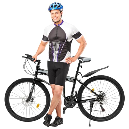 TONFEION Mountainbike, 26 Zoll Klappfahrrad 21 Gang Unisex Fahrrad Erwachsene Klapprad Mit StoßDäMpfende Scheibenbremse und Das Banner-Aufnahmerad, für alle Arten von Straßen (Schwarz Silber) von TONFEION