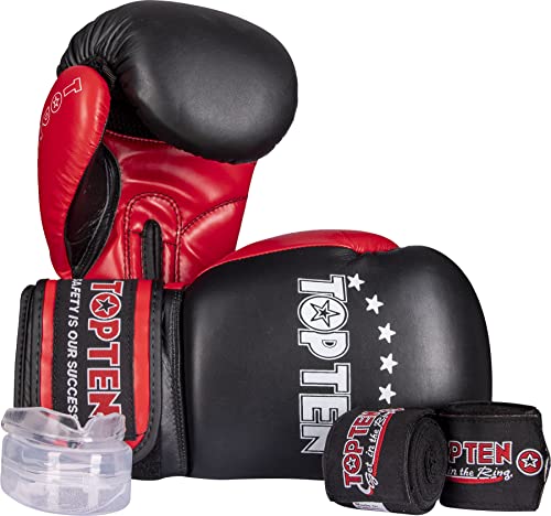 TOP TEN Boxhandschuhe Starter Kit inkl. Zahnschutz und Bandagen - 14 oz, schwarz-rot TOP TEN Boxhandschuhe Starter Kit inkl. Zahnschutz und Bandagen - 14 oz, schwarz-rot von TOP TEN