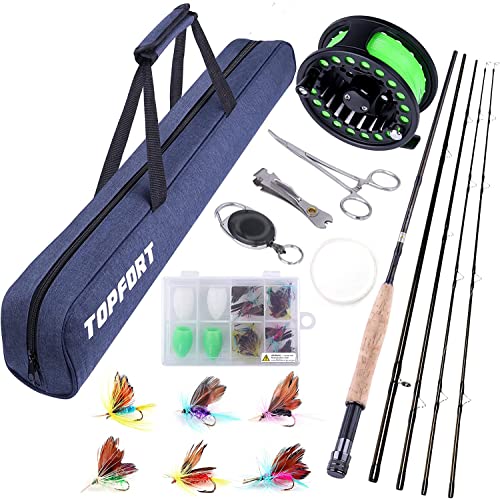 TOPFORT Fliegenfischrute und Rolle Combo Starter-Set, 4-teilig, leicht, Ultra-tragbar, Graphit, 5/6, komplettes Starterpaket mit Tragetasche TOPFORT Fliegenfischrute und Rolle Combo Starter-Set, 4-teilig, leicht, Ultra-tragbar, Graphit, 5/6, komplettes Starterpaket mit Tragetasche von TOPFORT
