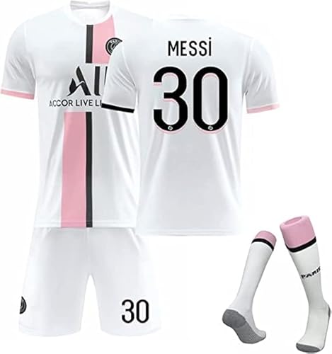 TOPIND New 2021-2022 Kinder Fußballtrikot 30 Lionel Messi nach Hause Marine, rot und weiß Fan-Top + Shorts + Socken Set (Rötliches Weiß, M) von TOPIND