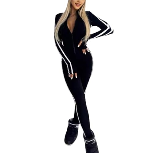 2,023/5,000 Damen-Jumpsuit mit schmaler Passform und seitlichem Netzstoff und halbem Reißverschluss, modischer, sexy, Nahtloser Jumpsuit, (X-Large,Black) von TOTDYIKH