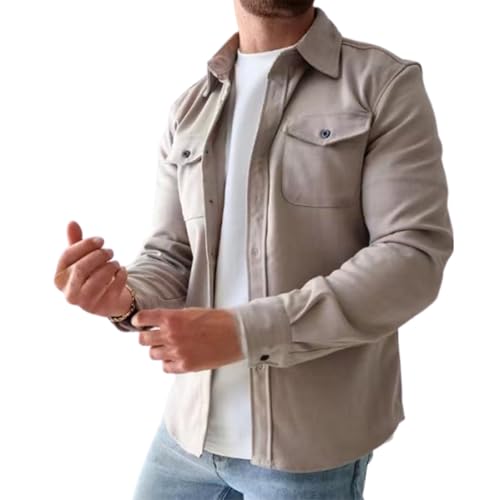 Button-Down-Hemdjacke für Herren, Überhemd für Herren, lässig, einfarbig, langärmelig, schmal geschnitten, leichte Hemden (Small,Apricot) von TOTDYIKH