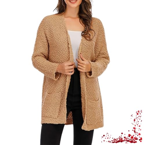 Damen Herbst Winter Popcorn Langarm offen vorne Grobstrick Oversized Cardigan Pullover Mantel (Large,Khaki) von TOTDYIKH