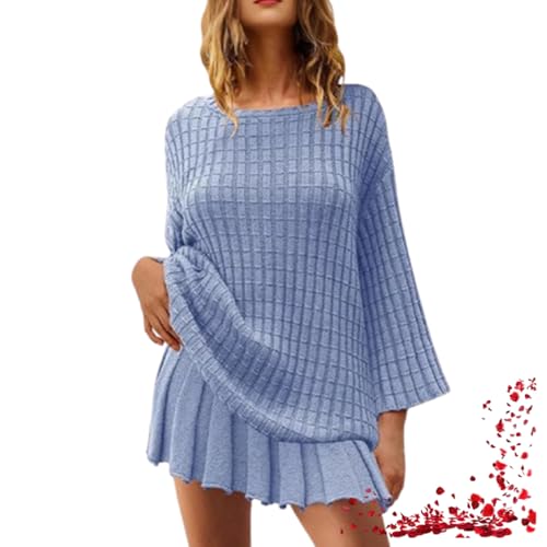 Damen-Lounge-Set, übergroßes 2-teiliges Pullover-Rock-Set, langärmliges Strickoberteil, Faltenröcke (Large,Blue) von TOTDYIKH