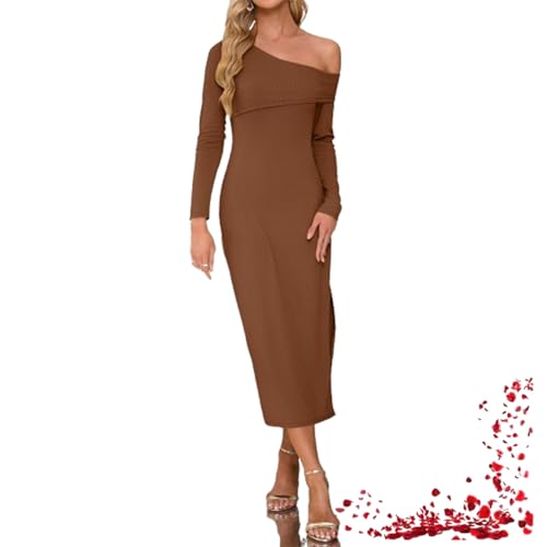 Damen-Maxikleid Aus Rippstrick Für Den Herbst, Schulterfreies, Figurbetontes Kleid Mit Langen Ärmeln Und Schlitz, Cocktailkleid (Medium,Brown) von TOTDYIKH