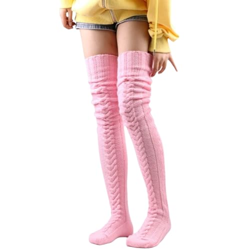 Damen-Oberschenkelstrümpfe mit Zopfmuster für den Winter, dick, trendig, weich, Thermisch, lang, Overknee-Strümpfe, Beinwärmer (105cm/41.34in,Pink) von TOTDYIKH