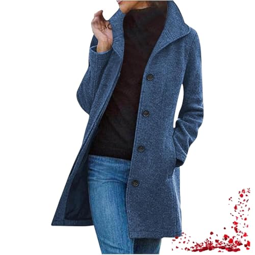 Damen-Peacoat Aus Wollmischung Für Den Winter, Einreihiger Trenchcoat Mit Stehkragen, Lässiger Übermantel, Langer Damenmantel (Large,Blue) von TOTDYIKH