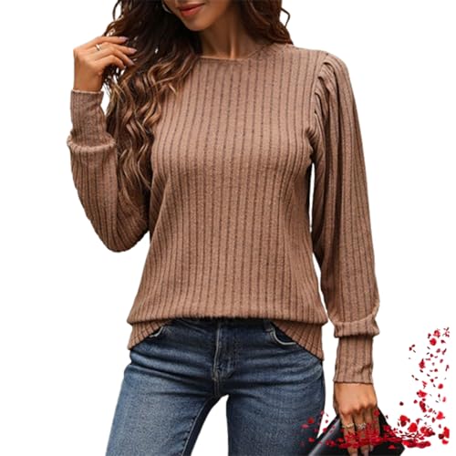 Damen-Strickbluse, Weiches Puffärmel-Shirt, Langärmeliges Oberteil, Leichter Rundhalspullover (Large,Brown) von TOTDYIKH