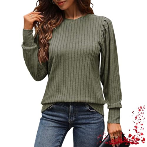 Damen-Strickbluse, Weiches Puffärmel-Shirt, Langärmeliges Oberteil, Leichter Rundhalspullover (Medium,Military Green) von TOTDYIKH