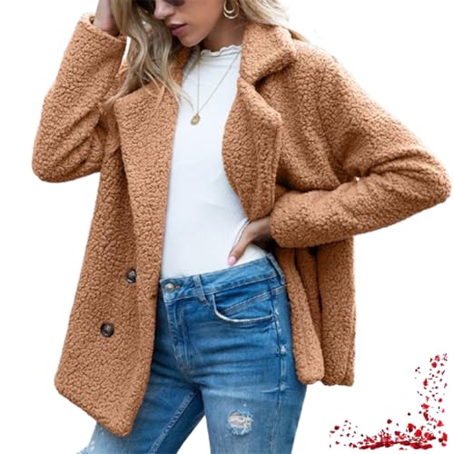 Damen-Wintermantel aus Kunstpelz, Sherpa-Fleecejacke, stylische Fleecejacke mit Revers und Knopfleiste (Camel,X-Large) von TOTDYIKH