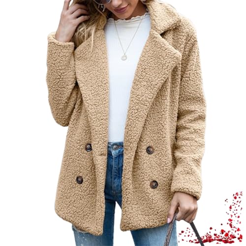 Damen-Wintermantel aus Kunstpelz, Sherpa-Fleecejacke, stylische Fleecejacke mit Revers und Knopfleiste (Khaki,Medium) von TOTDYIKH