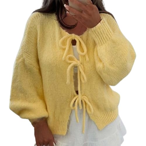 Damenpullover Mit Bindeband Vorne, Strickjacke Mit Fliege Vorne, Langärmlig, Vorne Offen, übergroße Strickjacke, Strickoberteil (Large,Yellow) von TOTDYIKH