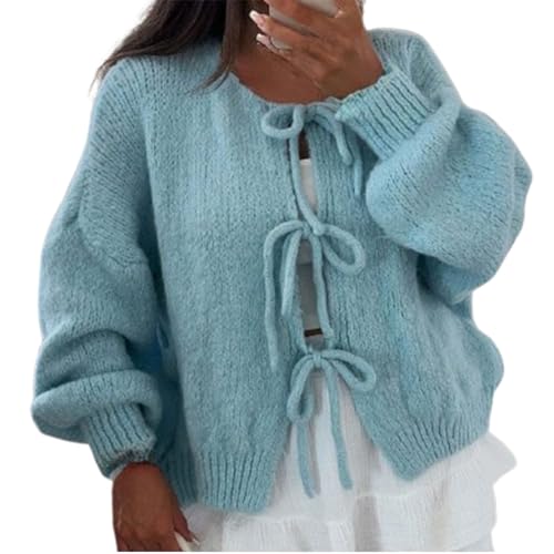 Damenpullover Mit Bindeband Vorne, Strickjacke Mit Fliege Vorne, Langärmlig, Vorne Offen, übergroße Strickjacke, Strickoberteil (Medium,Blue) von TOTDYIKH