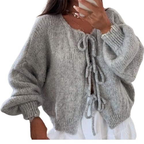 Damenpullover Mit Bindeband Vorne, Strickjacke Mit Fliege Vorne, Langärmlig, Vorne Offen, übergroße Strickjacke, Strickoberteil (X-Large,Gray) von TOTDYIKH