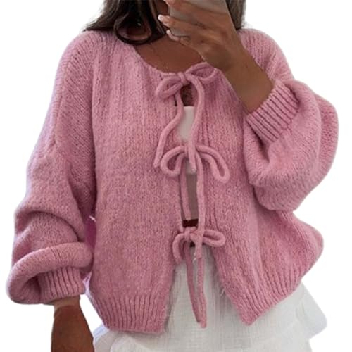 Damenpullover Mit Bindeband Vorne, Strickjacke Mit Fliege Vorne, Langärmlig, Vorne Offen, übergroße Strickjacke, Strickoberteil (X-Large,Pink) von TOTDYIKH